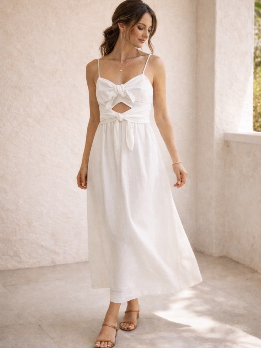 Madewell White Linen Blend Midi Dress Sweetheart Cutout Tie Back 10 - Picture 3 of 16